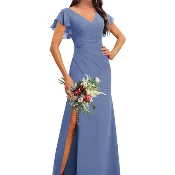quanjinr Dresses & Skirts - Chic Blue Maxi Dress with Flutter Sleeves